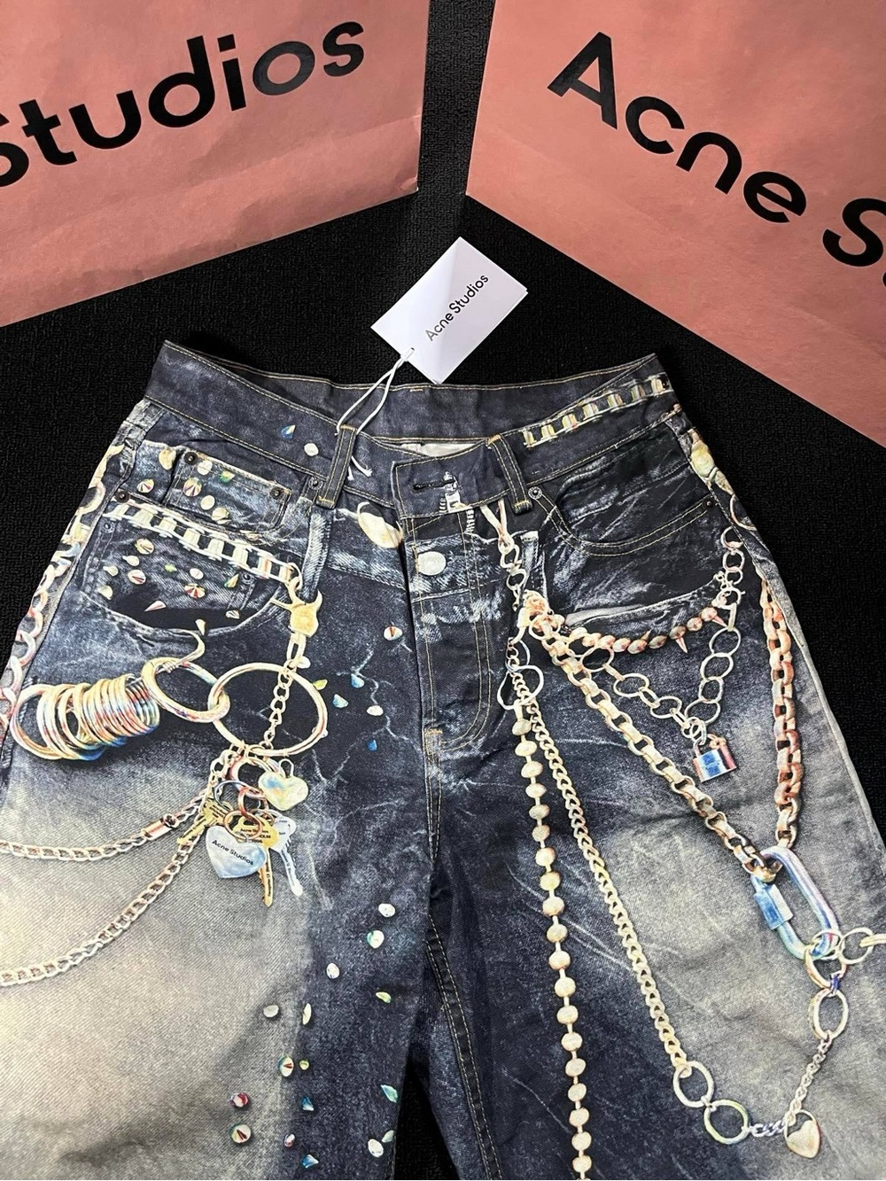 Acne Studded Washed-Black Jeans with Chain Motif - Picture 2 of 4